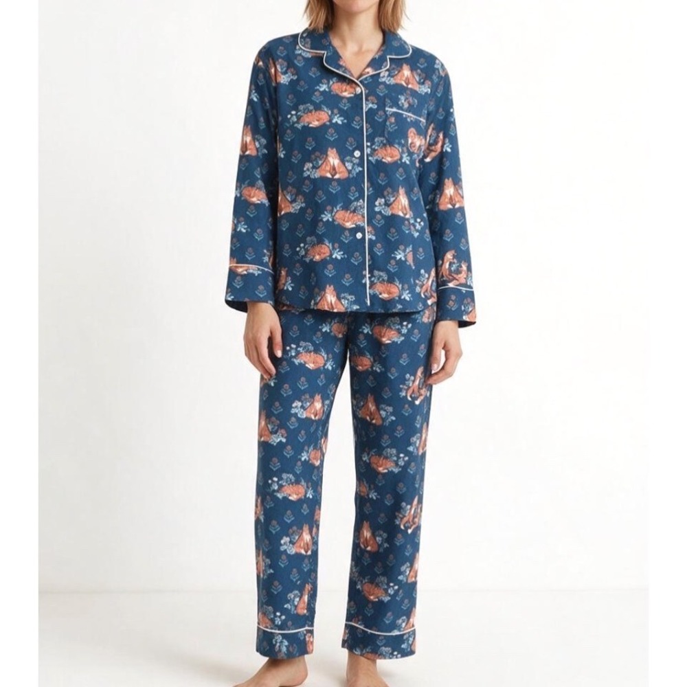 PRINTFRESH Blue FOXES IN LOVE PRINT Button-Up LOUNGE Pajama Set TOP/PANTS S